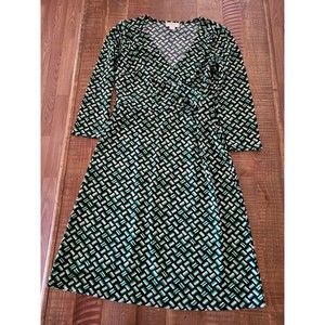 Ann Taylor LOFT Size 2 Green Wrap Dress A Line Geometric 3/4 Sleeve